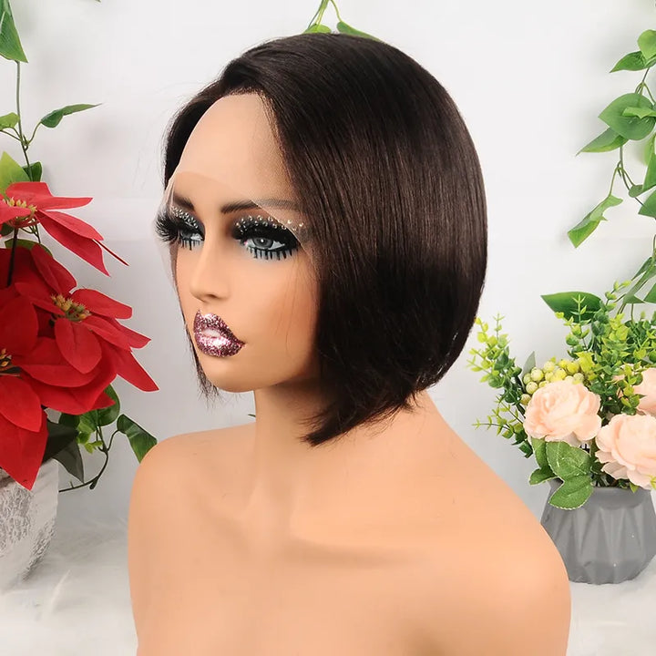 #2 Brownish Black Short Bob Straight Human Hair 13x1 Transparent Lace Front Wig