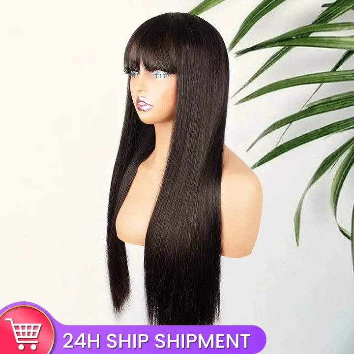 2X4 Lace Straight Human Hair Glueless Wigs With Bangs