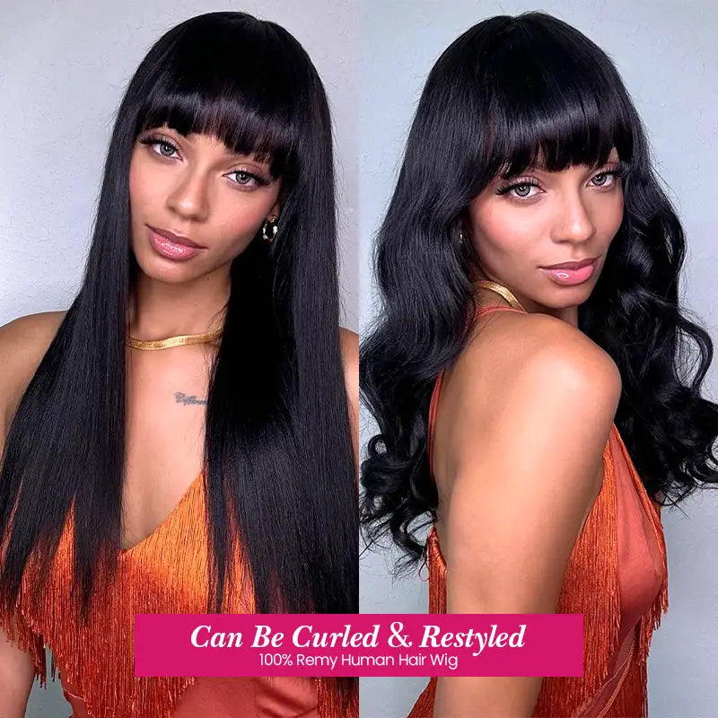 2X4 Lace Straight Human Hair Glueless Wigs With Bangs