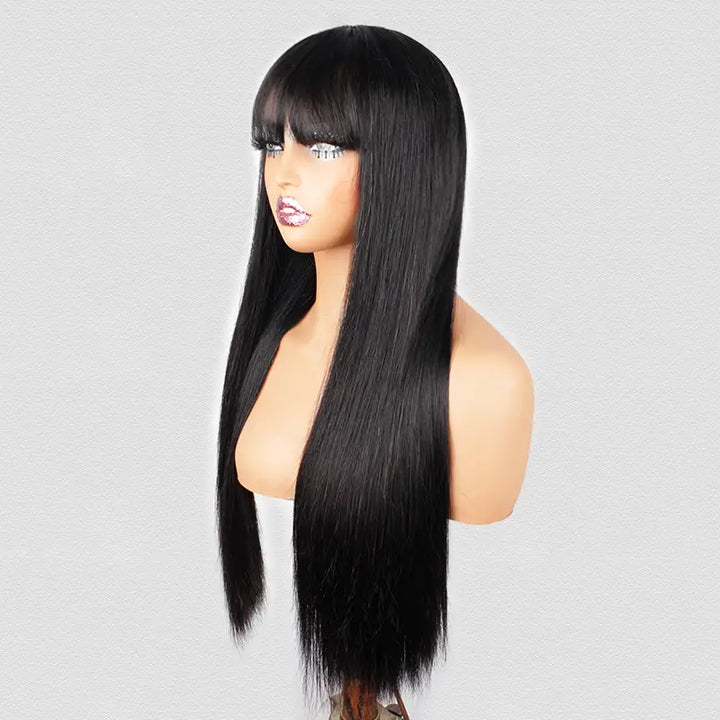 2X4 Lace Straight Human Hair Glueless Wigs With Bangs