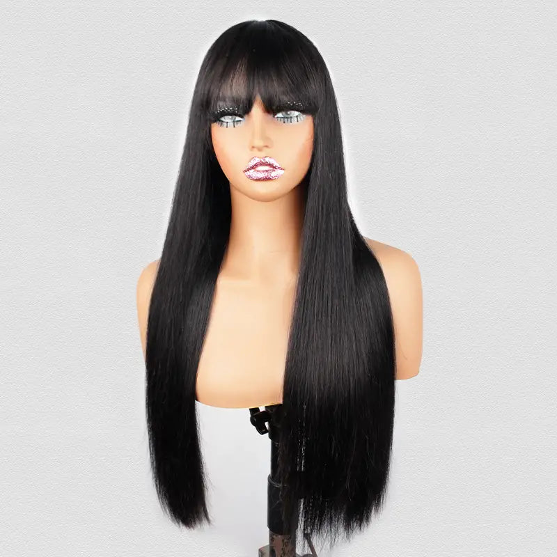 2X4 Lace Straight Human Hair Glueless Wigs With Bangs
