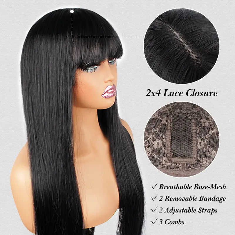 2X4 Lace Straight Human Hair Glueless Wigs With Bangs