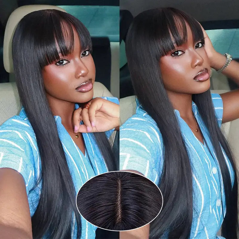 2X4 Lace Straight Human Hair Glueless Wigs With Bangs