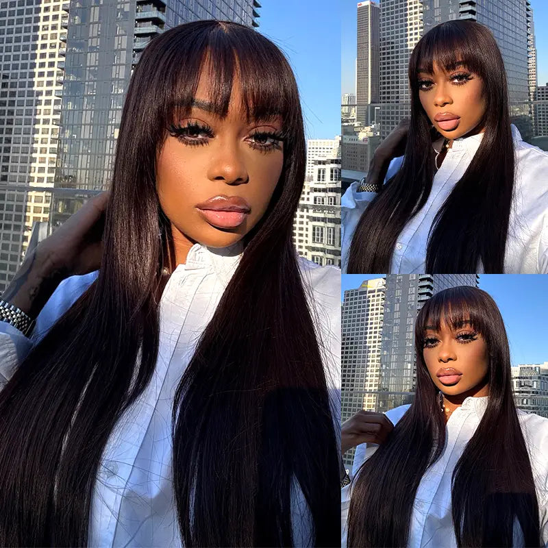 2X4 Lace Straight Human Hair Glueless Wigs With Bangs