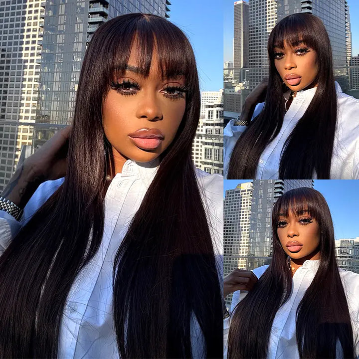 2X4 Lace Straight Human Hair Glueless Wigs With Bangs