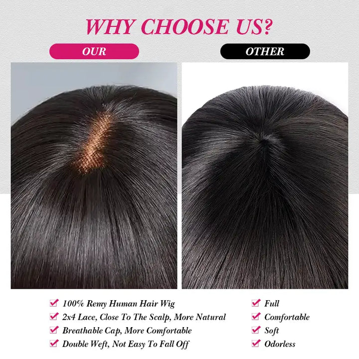2X4 Lace Straight Human Hair Glueless Wigs With Bangs