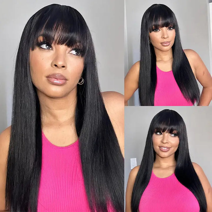 2X4 Lace Straight Human Hair Glueless Wigs With Bangs