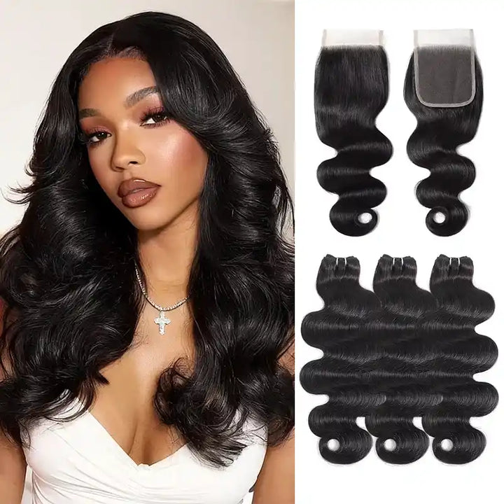 5x5 HD Lace Closure  with 3 Bundles Straight & Body Wave Human Hair Weave Extensions
