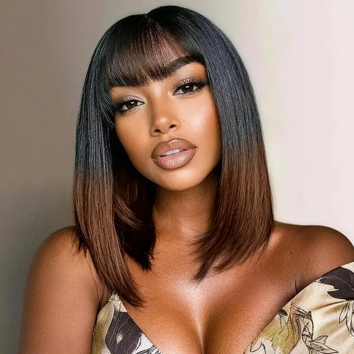 Ombre Chocolate Brown 2x6 Closure Lace Yaki Straight Human Hair Bob Wigs With Bang