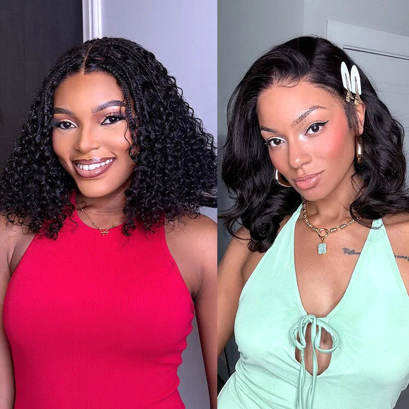 $119 = 2 Wigs | 13x4 Glueless Lace Free Roll Human Hair Wig & Braided Top Deep Curly 5x5 Lace Bob Wig