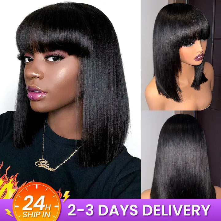 Human Hair Bob Wig with Bangs – Ready to Wear | No Glue, Beginner Friendly