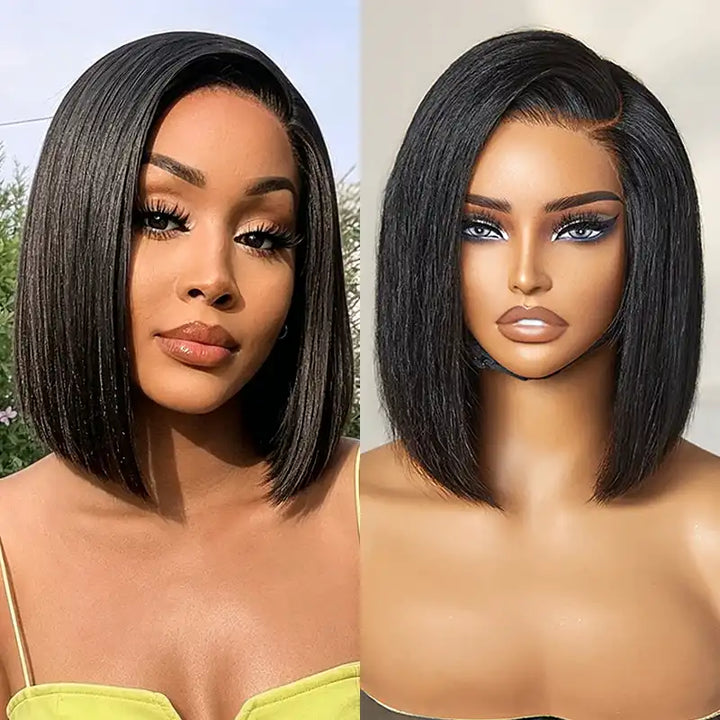 5x5 Lace Yaki Straight Bob Wig Drawstring Glueless Human Hair Wig