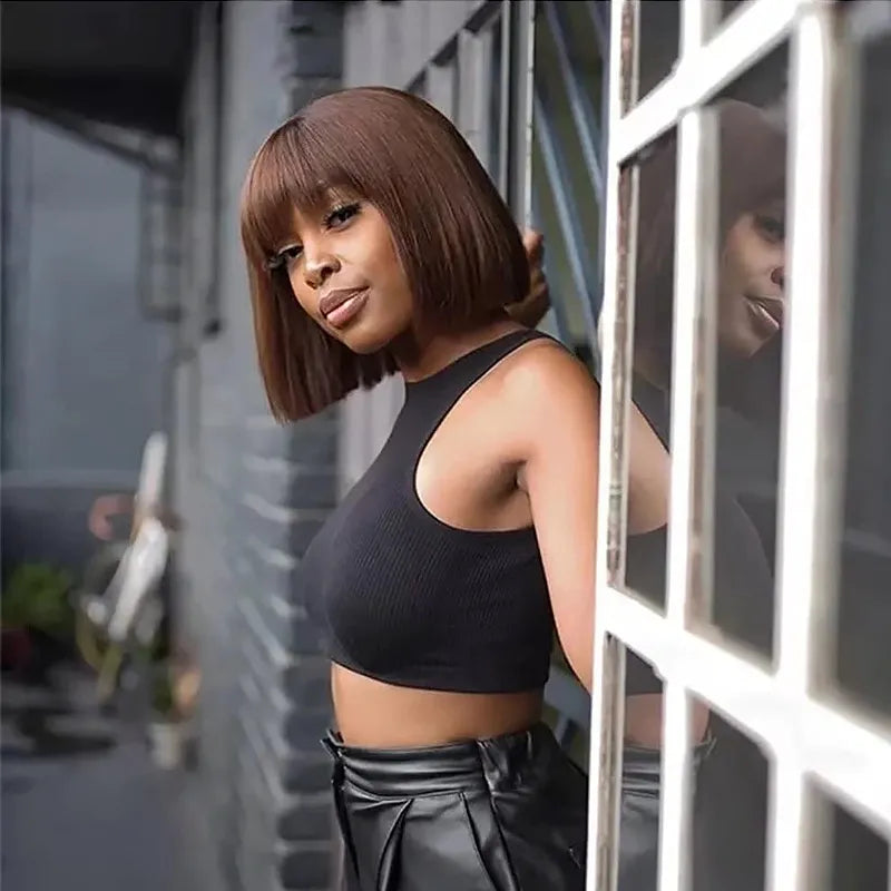 Chocolate Brown Bob Short Straight Human Hair Wig With Bang