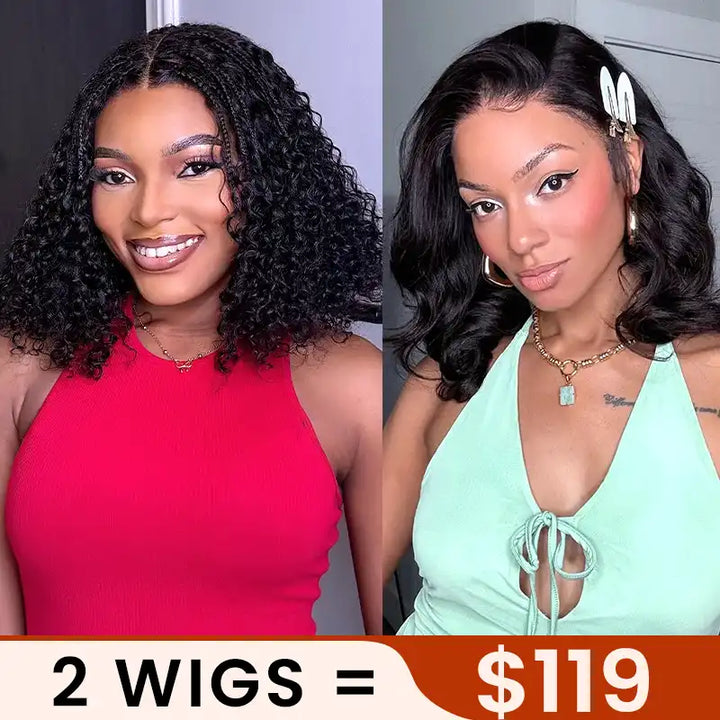$119 = 2 Wigs | 13x4 Glueless Lace Free Roll Human Hair Wig & Braided Top Deep Curly 5x5 Lace Bob Wig