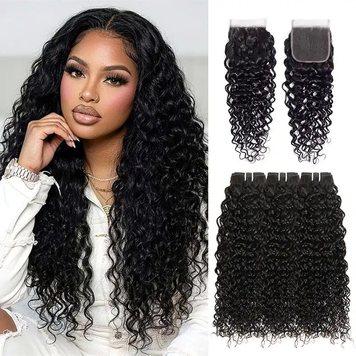 5x5 HD Lace Closure with 3 Bundles Curly Human Hair Weave Extensions
