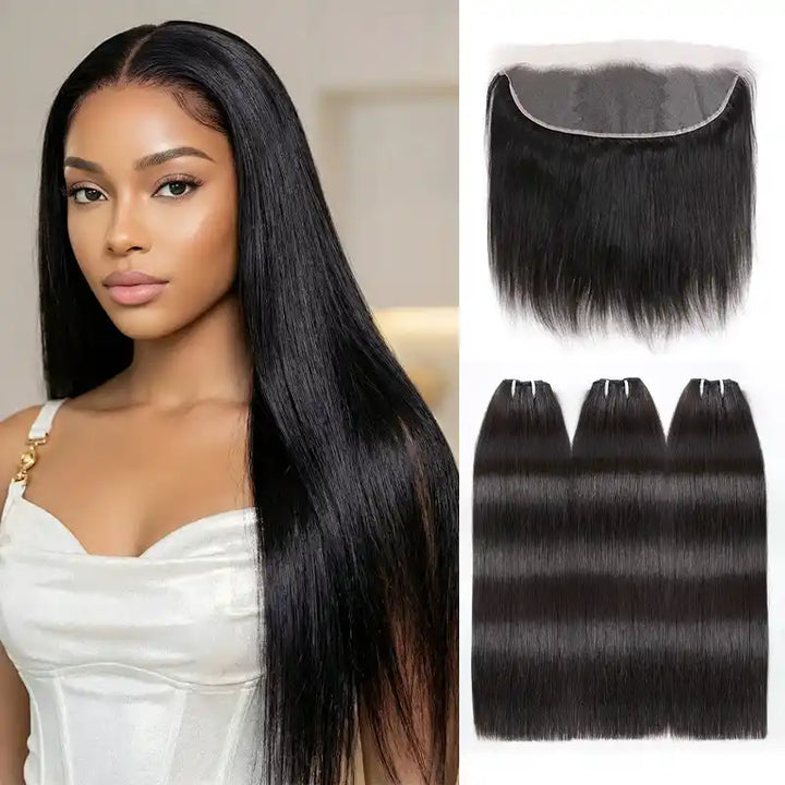 Lot de 3 mèches de cheveux crépus lisses avec fermeture en dentelle transparente 4x4 