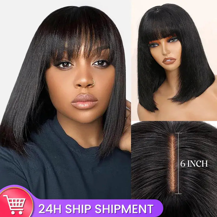 Perruque Bob en cheveux humains lisses avec fermeture en dentelle 2x6 et frange 