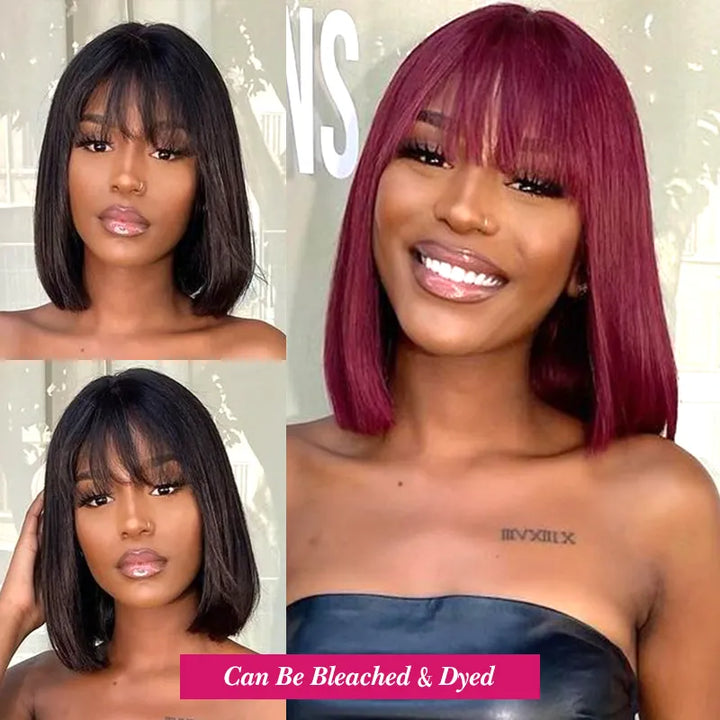 Perruque Bob en cheveux humains lisses avec fermeture en dentelle 2x6 et frange 