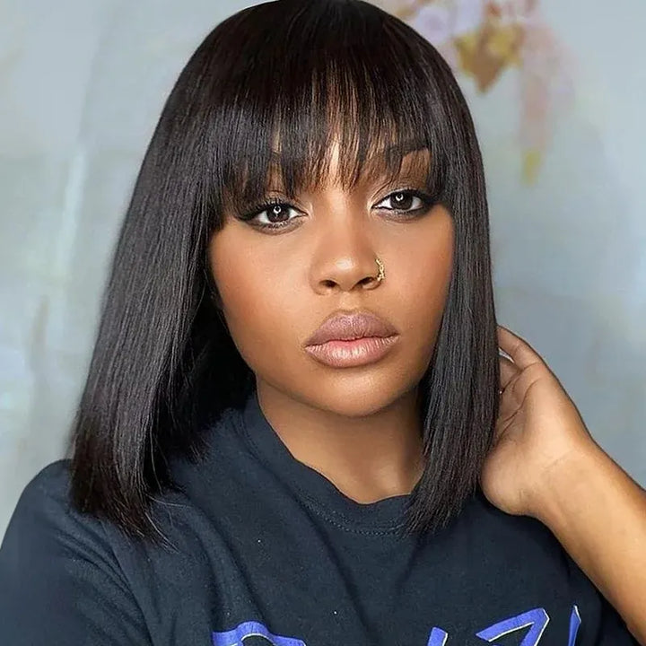Perruque Bob en cheveux humains lisses avec fermeture en dentelle 2x6 et frange 