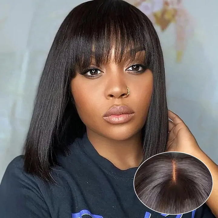 2x6 Closure Lace Straight Human Hair Bob Wig With Bang