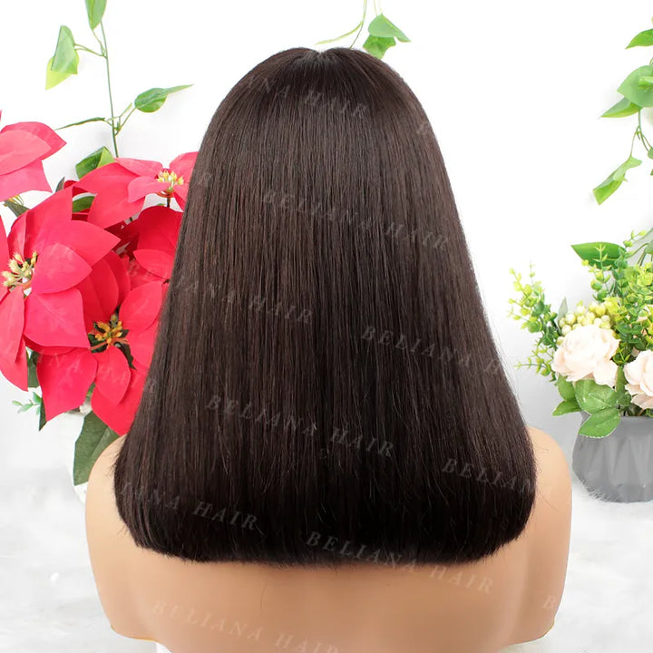 Perruque Bob en cheveux humains lisses avec fermeture en dentelle 2x6 et frange 