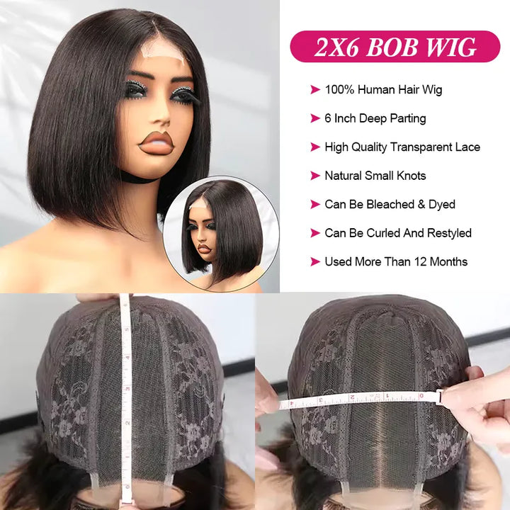 2x6 Closure Lace Straight Human Hair 200% Density Bob Wig