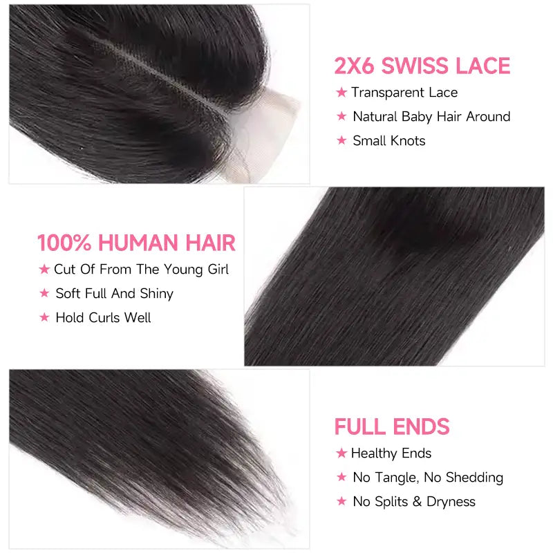 Cierre de encaje 2x6 para cabello liso 