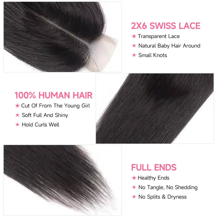 Cierre de encaje 2x6 para cabello liso 