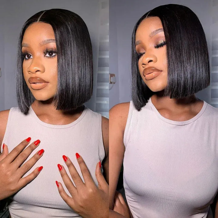2x6 Closure Lace Straight Human Hair 200% Density Bob Wig