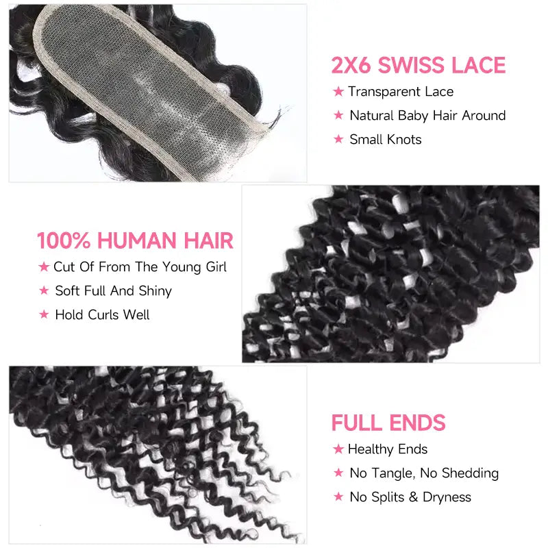 Cierre de encaje transparente de 2x6 pulgadas, cabello humano rizado Jerry 