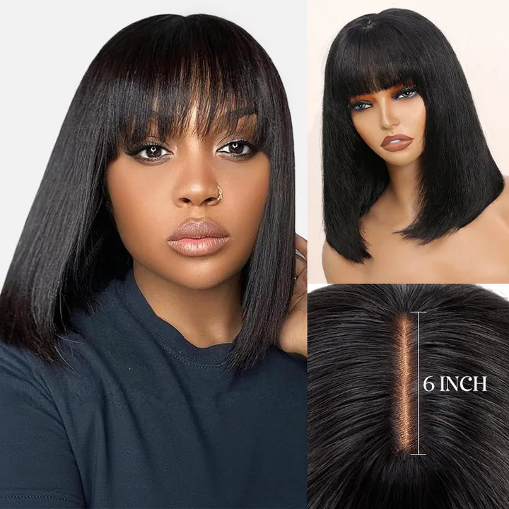2x6 Closure Lace Straight Human Hair Bob Wig With Bang