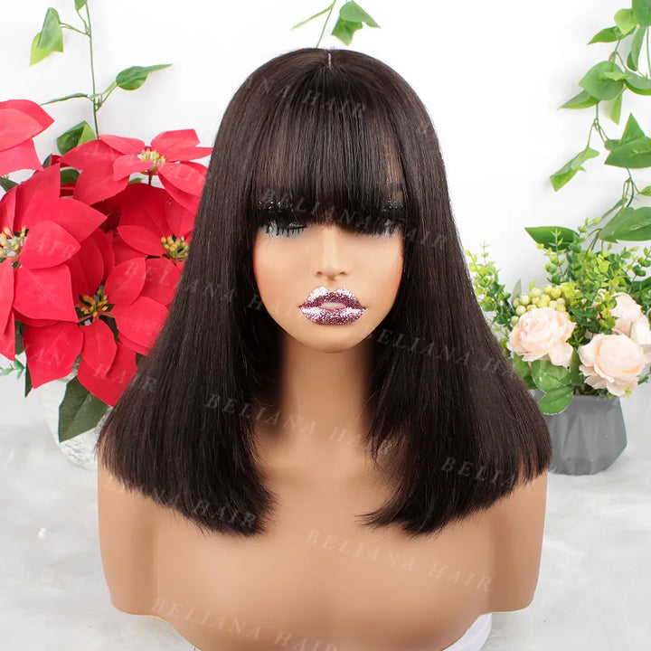 Perruque Bob en cheveux humains lisses avec fermeture en dentelle 2x6 et frange 