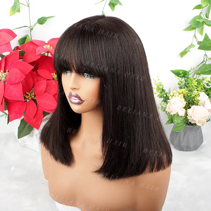 Perruque Bob en cheveux humains lisses avec fermeture en dentelle 2x6 et frange 