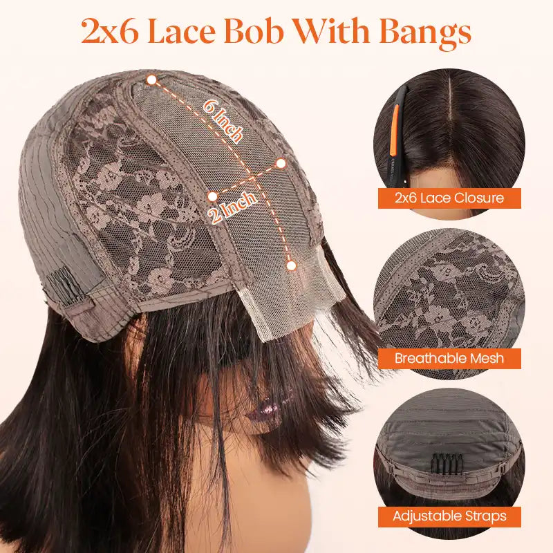 Ombre Chocolate Brown 2x6 Closure Lace Straight Human Hair Bob Wig With Bang