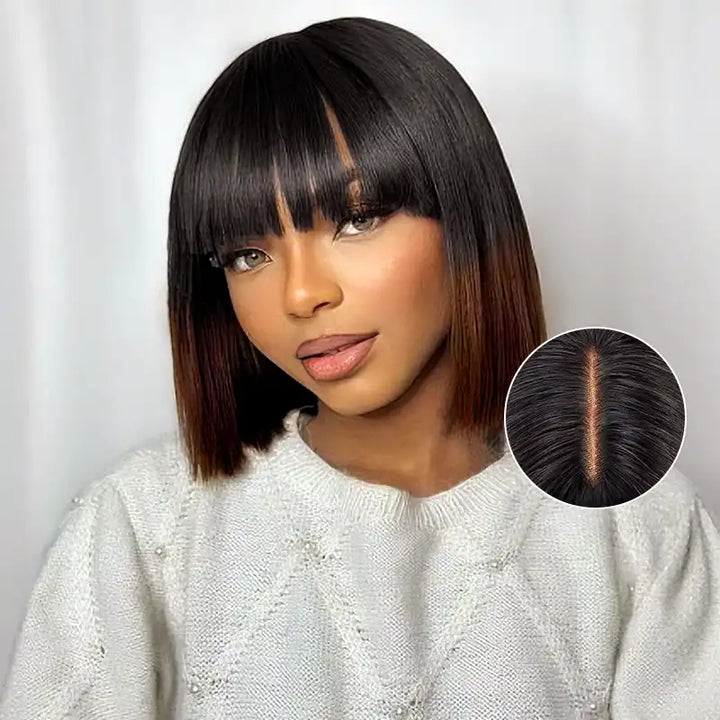 Ombre Chocolate Brown 2x6 Closure Lace Straight Human Hair Bob Wig With Bang