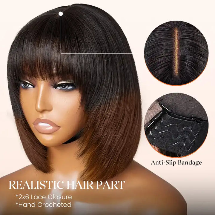 Ombre Chocolate Brown 2x6 Closure Lace Straight Human Hair Bob Wig With Bang