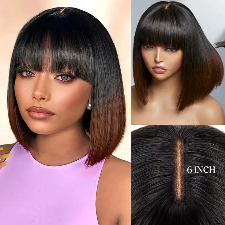 Ombre Chocolate Brown 2x6 Closure Lace Straight Human Hair Bob Wig With Bang