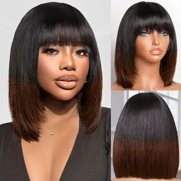 Ombre Chocolate Brown 2x6 Closure Lace Straight Human Hair Bob Wig With Bang