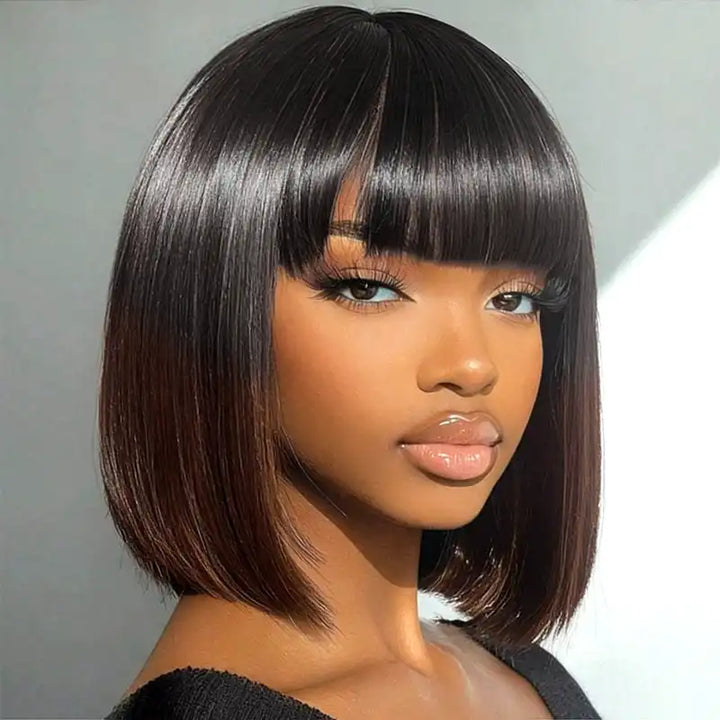 Ombre Chocolate Brown 2x6 Closure Lace Straight Human Hair Bob Wig With Bang
