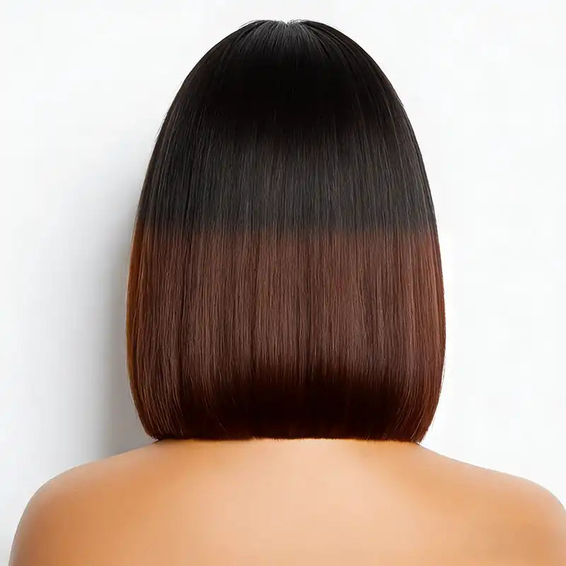 Ombre Chocolate Brown 2x6 Closure Lace Straight Human Hair Bob Wig With Bang