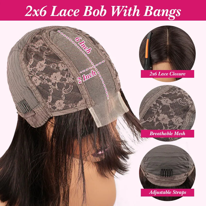 Perruque Bob en cheveux humains lisses avec fermeture en dentelle 2x6 et frange 
