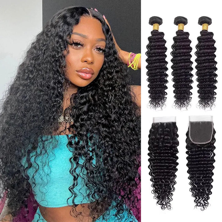 Lot de 3 mèches de cheveux ondulés profonds avec fermeture en dentelle transparente 4x4 