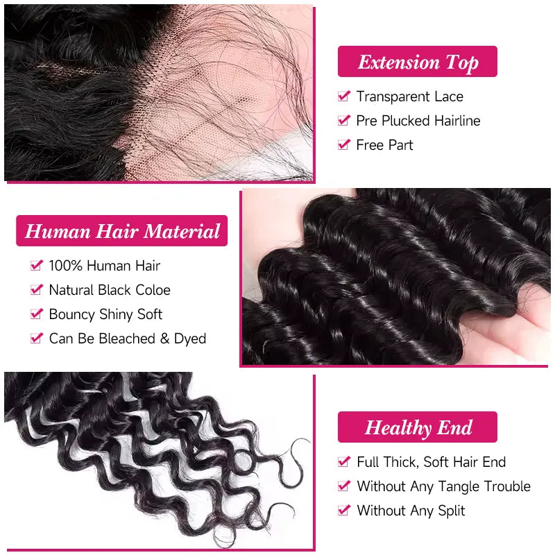 Lot de 3 mèches de cheveux ondulés profonds avec fermeture en dentelle transparente 4x4 