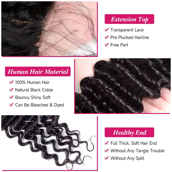 Lot de 3 mèches de cheveux ondulés profonds avec fermeture en dentelle transparente 4x4 