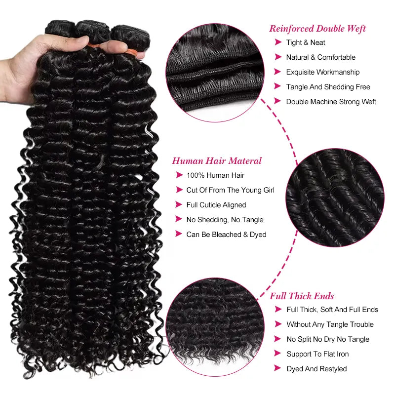 Lot de 3 mèches de cheveux ondulés profonds avec fermeture en dentelle transparente 4x4 