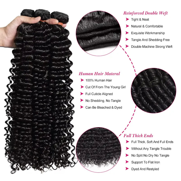 Lot de 3 mèches de cheveux ondulés profonds avec fermeture en dentelle transparente 4x4 