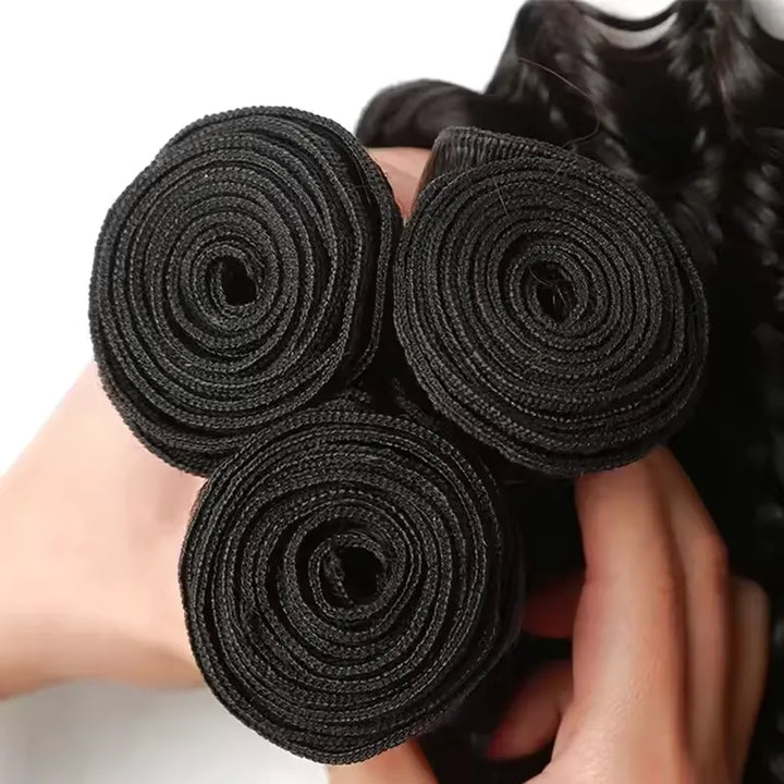 Lot de 3 mèches de cheveux ondulés profonds avec fermeture en dentelle transparente 4x4 