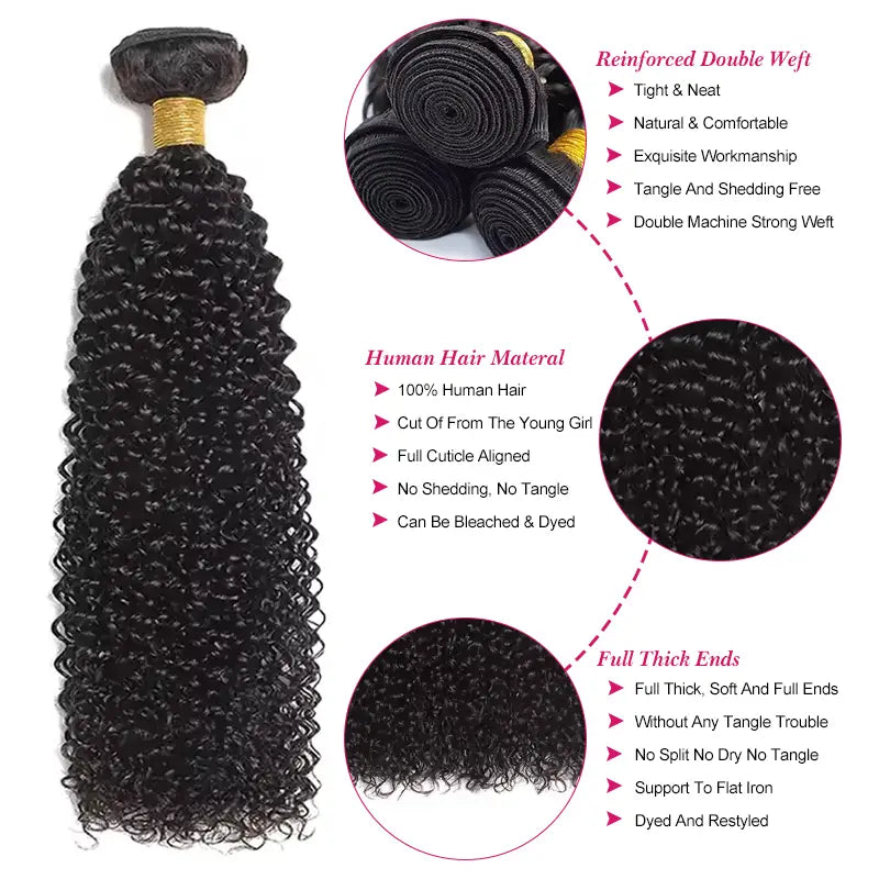 3 paquetes con cierre de encaje transparente 4x4 de cabello humano rizado Jerry 