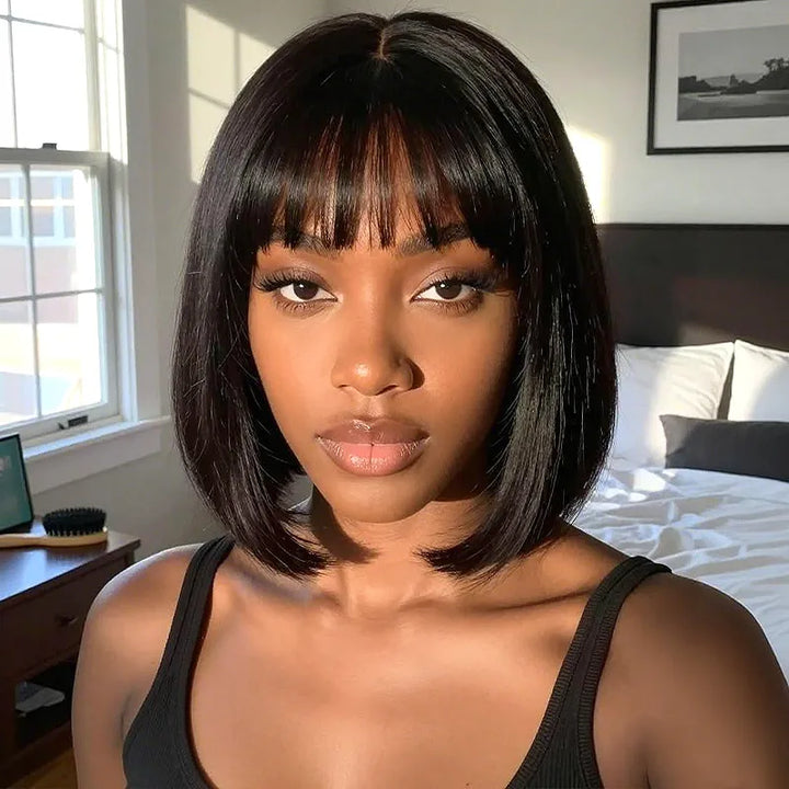 Ombre Chocolate Brown 2x6 Closure Lace Straight Human Hair Bob Wig With Bang