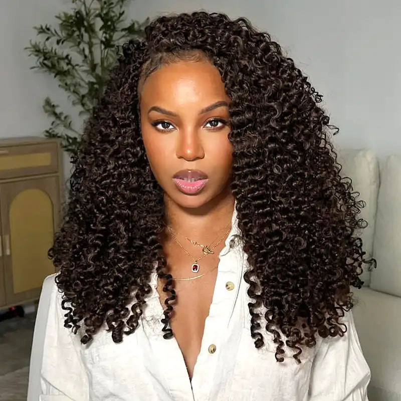 Chocolate Brown Curly Feather Crochet Hair Extensions 100% Human Hair